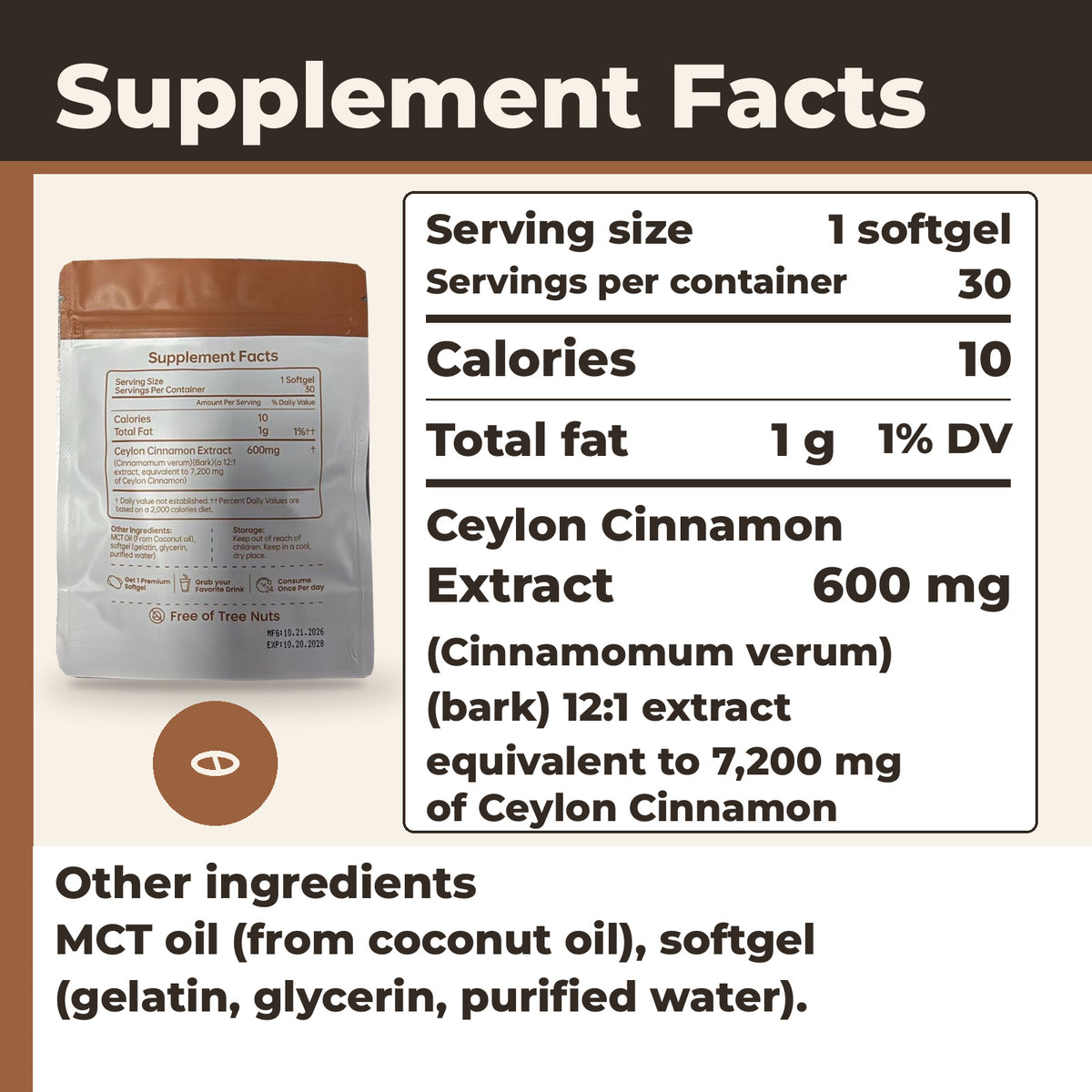 Supplement Facts: 1 softgel, 30 servings, Ceylon cinnamon extract 600 mg, MCT oil