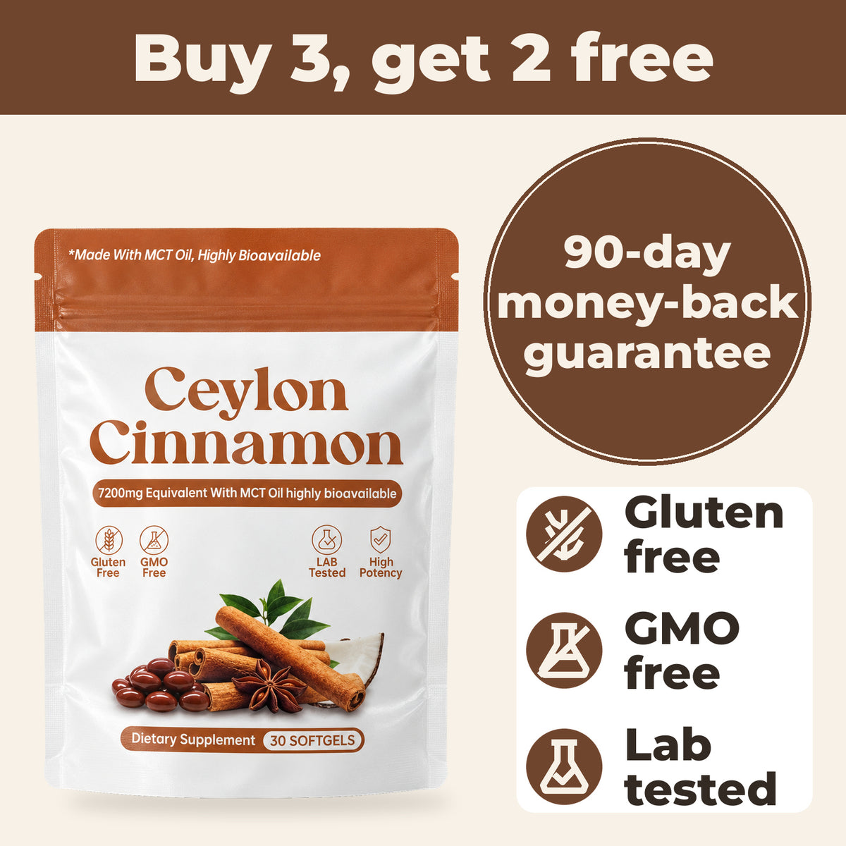 Evenmorn Ceylon cinnamon pouch with a 90-day money-back guarantee seal; gluten free, GMO free, lab tested