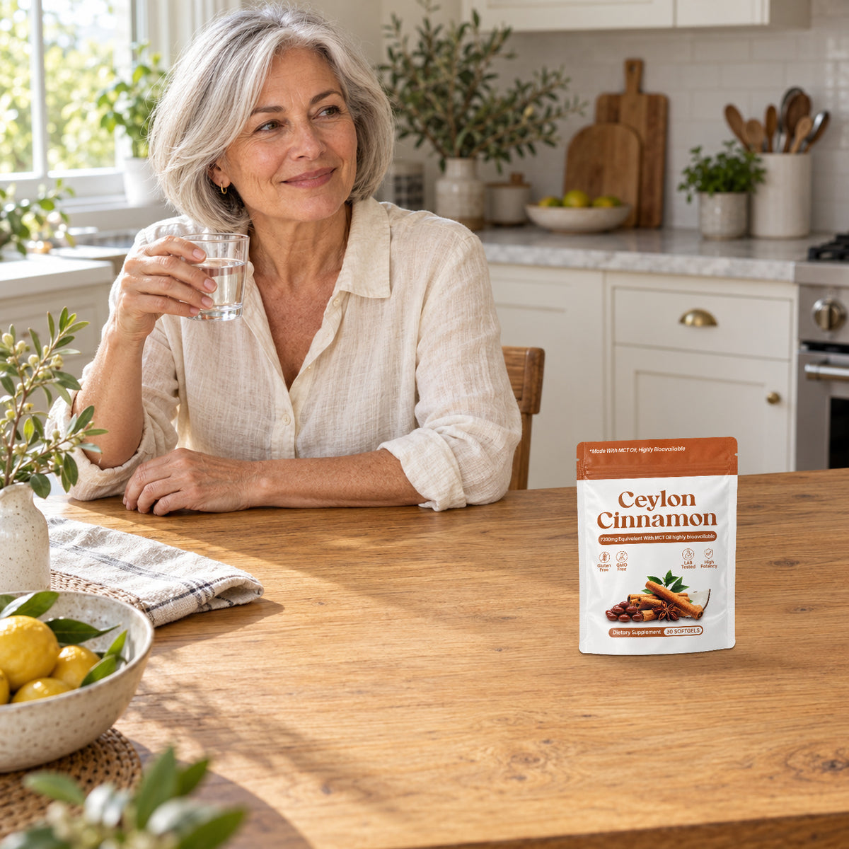 Woman at a kitchen table at breakfast with the Evenmorn pouch