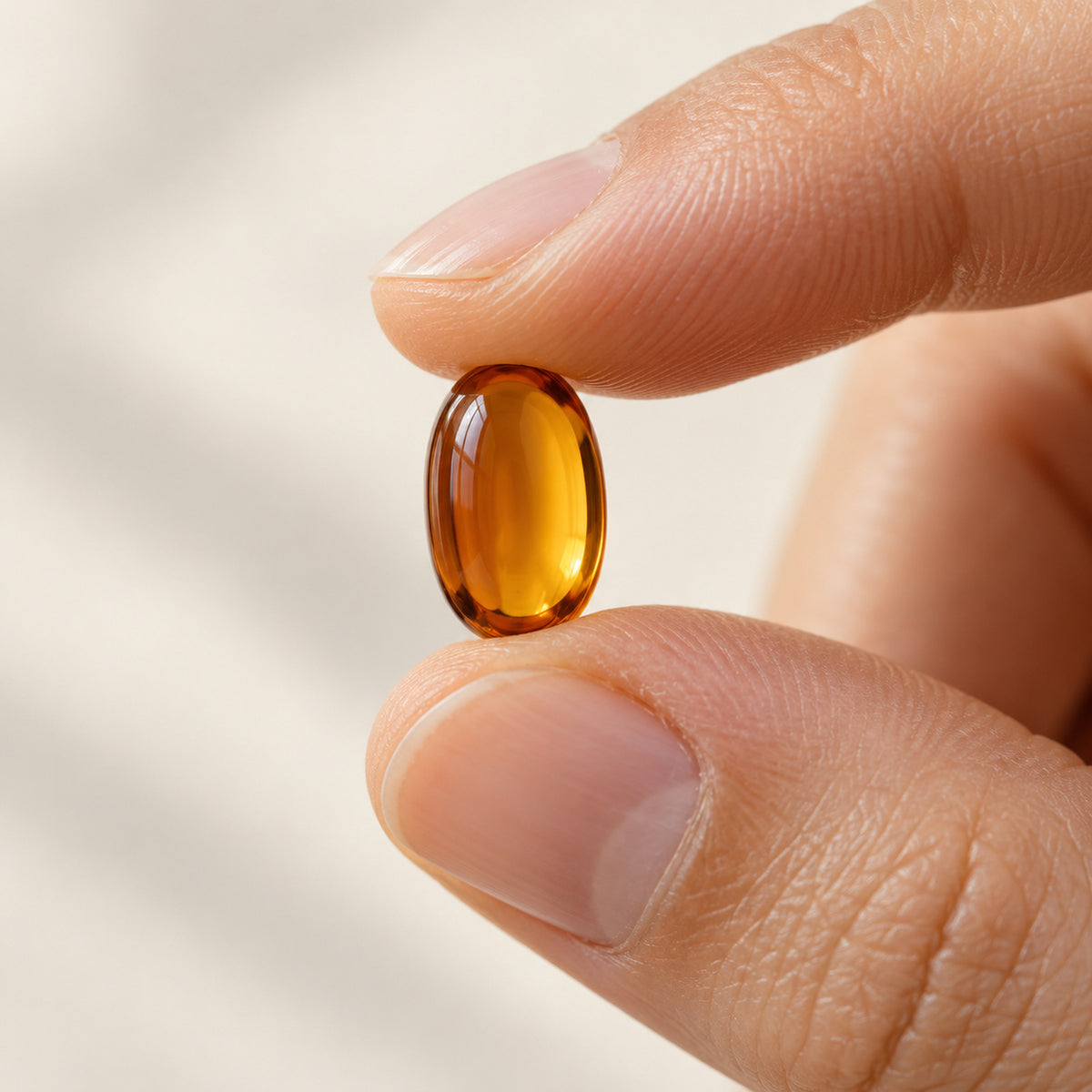 One small amber softgel held between two fingers