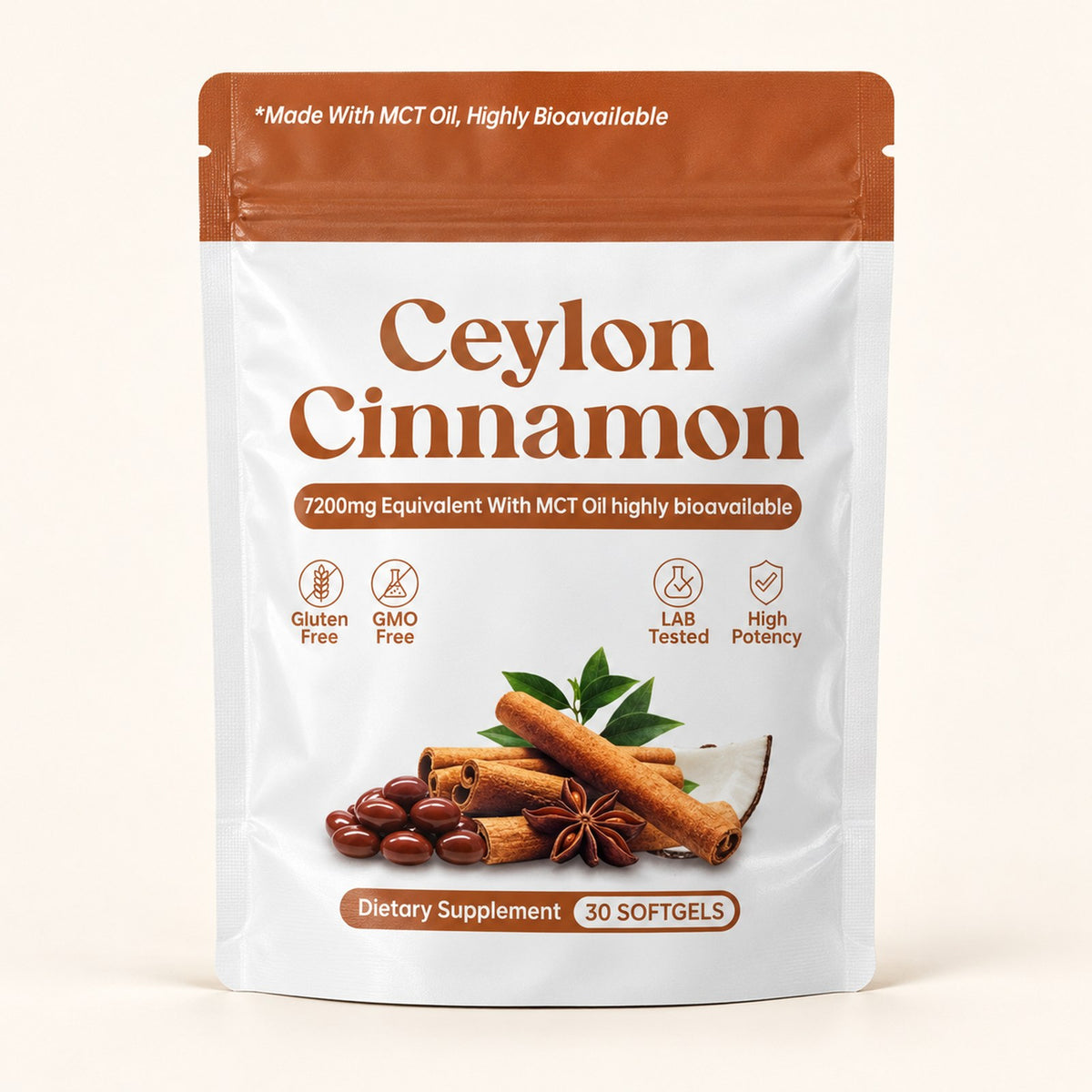 Front of the white and terracotta Ceylon Cinnamon pouch labeled 30 softgels