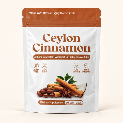 Front of the white and terracotta Ceylon Cinnamon pouch labeled 30 softgels