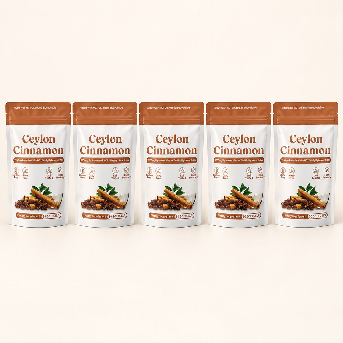 Five Evenmorn Ceylon cinnamon pouches, 30 softgels each