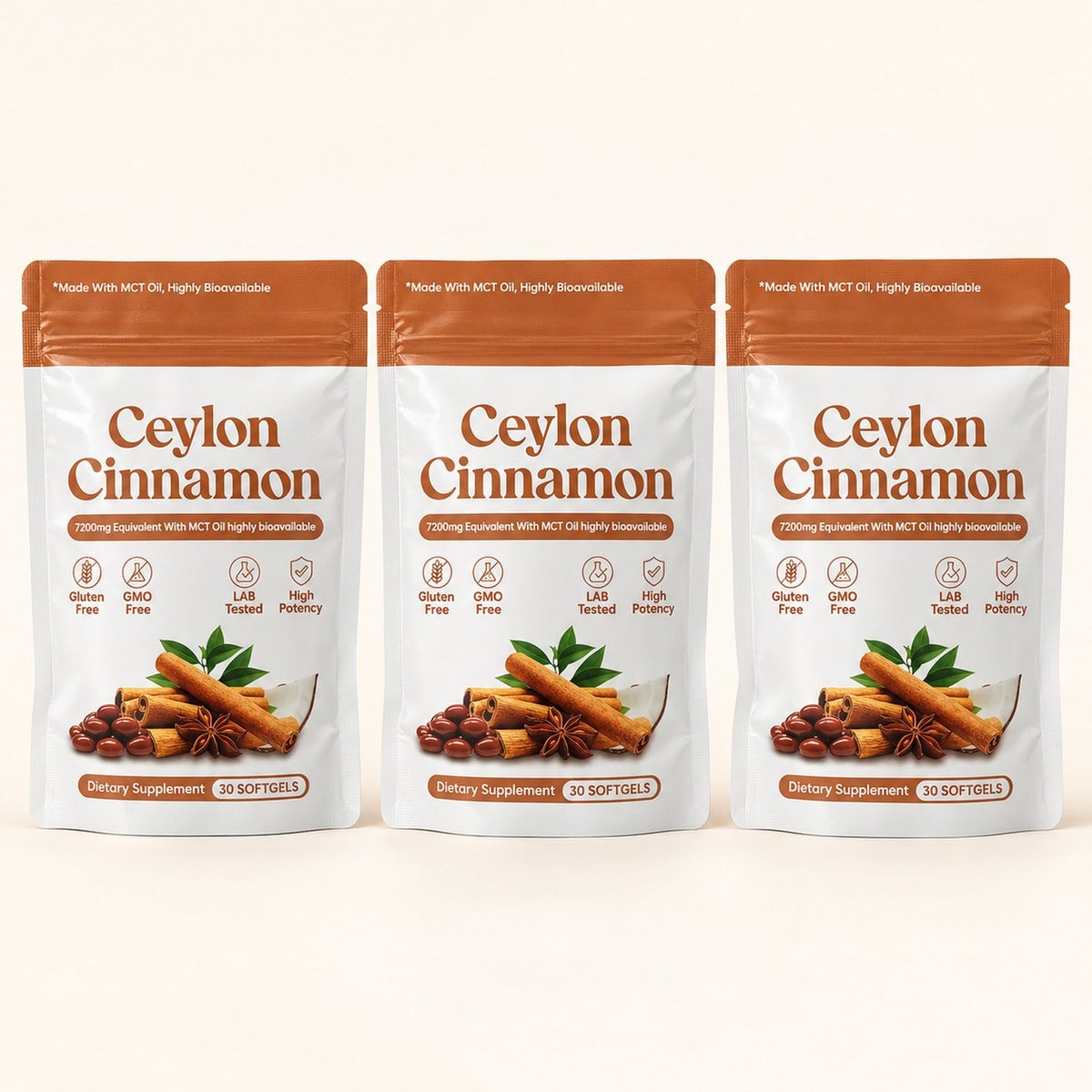 Three Evenmorn Ceylon cinnamon pouches, 30 softgels each
