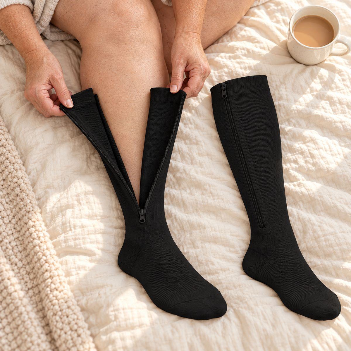 A black zip sock unzipped wide open from the top band to the ankle, held apart on a cream bedspread