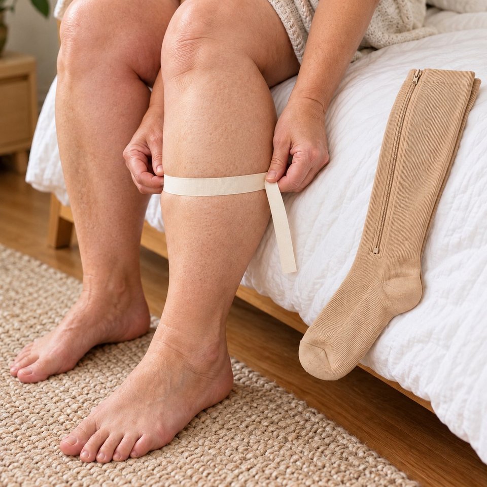 Illustration: a woman sitting on the edge of a bed, measuring round the widest part of her calf with a soft tape. A beige zip sock lies beside her.