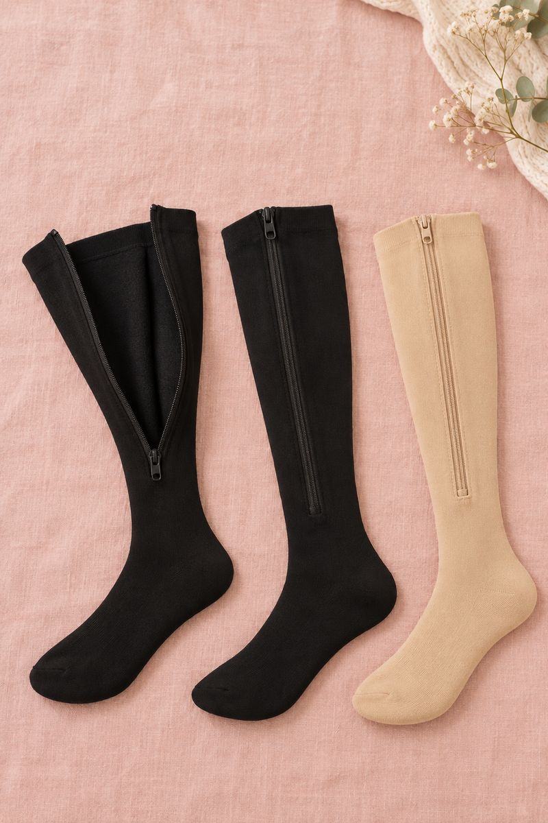 Three plentywear zip-up knee-high socks laid flat on pink linen: a black sock unzipped wide open, a black sock zipped closed and a beige sock zipped closed