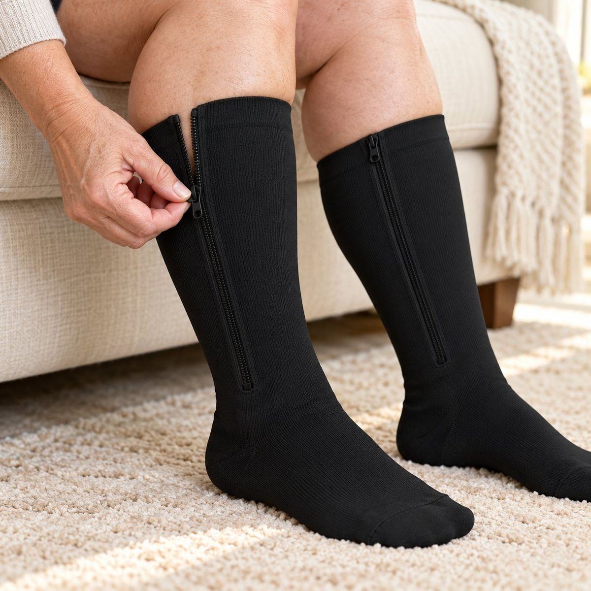 A woman sitting on a cream sofa pulls the zip of a black knee-high sock up her calf.
